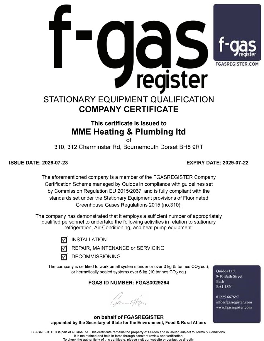 F-Gas Register company certificate for MME Heating & Plumbing Ltd, certificate number FGAS3029264